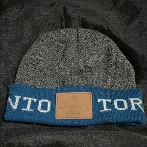 Toronto Gray and Blue Beanie with Leather Patch Mats Sundin